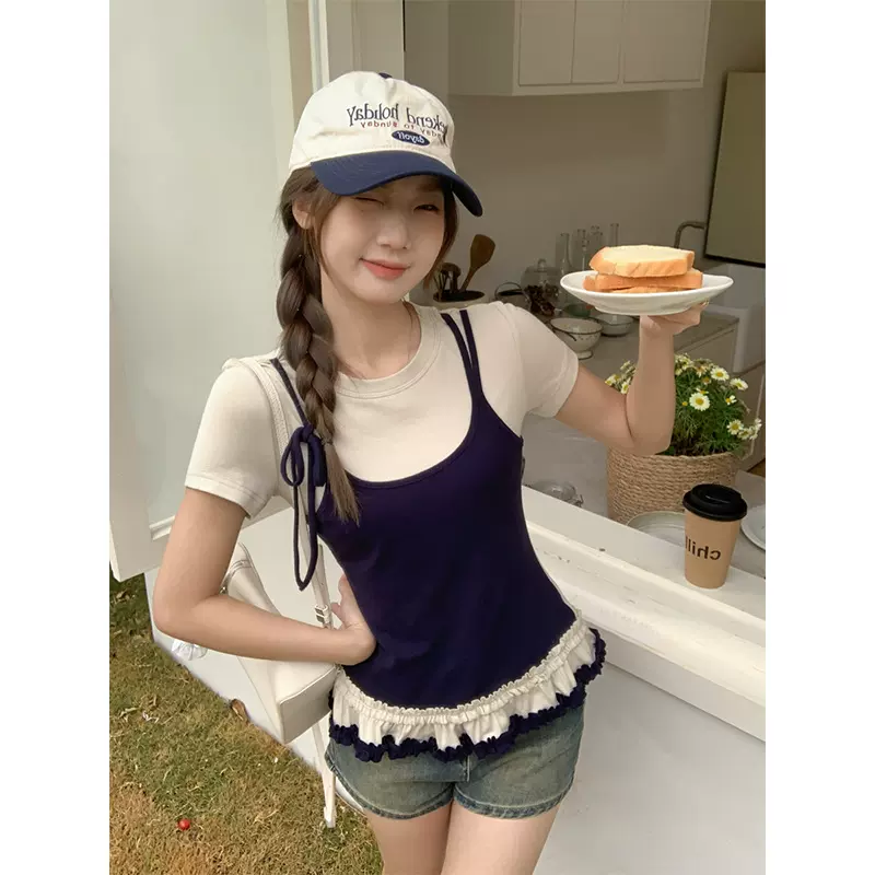 别致设计感假两件圆领短袖T恤女春夏下摆木耳边绝美叠穿内搭上衣