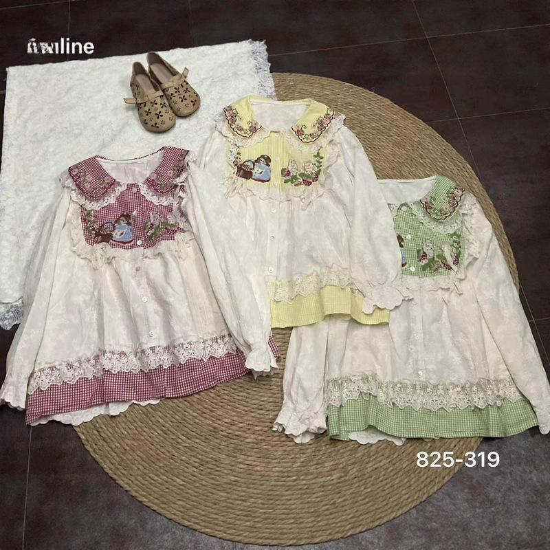 825319 Retro Forest Style Sweet Age-Reducing Doll Collar Embroidered Splicing Lace Top for Women