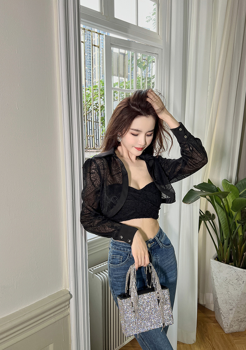 Áo khoác cardigan ngắn chống nắng mỏng nhẹ mặc trong nhà điều hòa — Màu đen chi tiết 12
