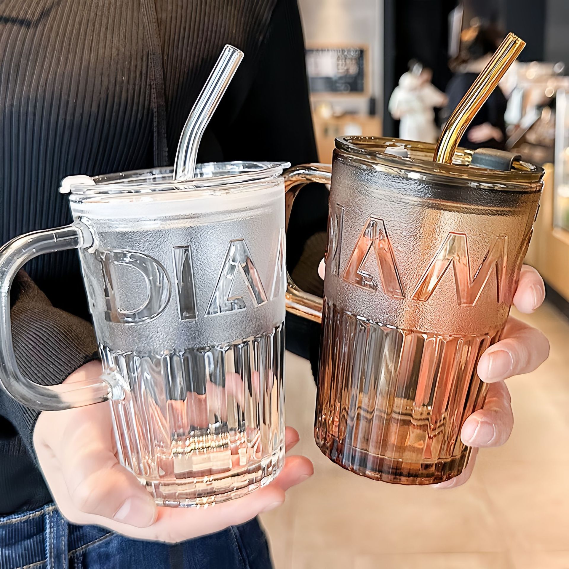 Trendy Letter Cup with Straw, Coffee Double Drink Cup, Fashionable Handle, Advertising Glass Water Cup, Milk Cup with Lid, Colorful Water Cup