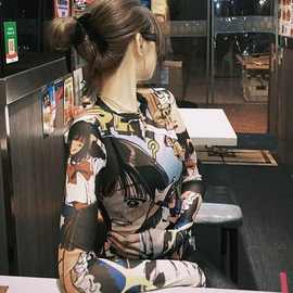 跨境外贸卡通动漫印花网纱T恤女装春夏半透视辣妹长袖修身上衣ins