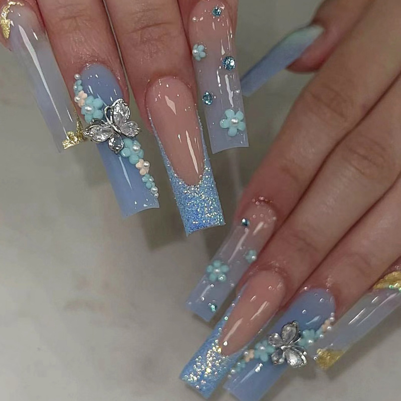 European and American blue long wear nail flower bow glitter elegant sweet cool girl nail beauty piece white nails
