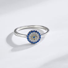 跨境亞馬遜銀飾S925純銀藍眼睛戒指女微鑲鋯石惡魔之眼戒指環飾品
