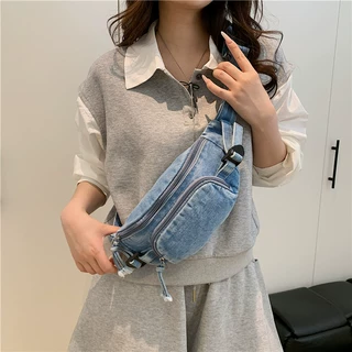 复古牛仔布胸包女2026新款时尚腰包休闲百搭斜挎包大容量手机包