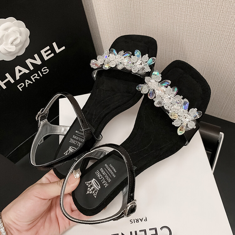 Sandal cao gót nữ mũi nhọn đính cườm da bò, gót nhọn 9 cm — Màu đen, Màu xanh lam chi tiết 9