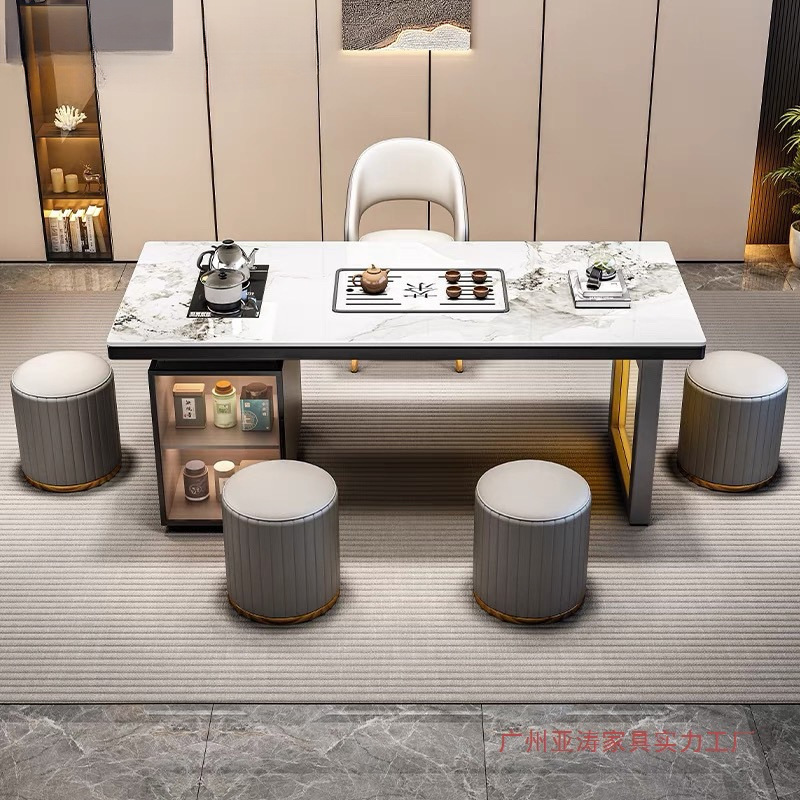 Red de Internet mesa de té de losa de roca de lujo ligero de estilo italiano, un conjunto completo de mesas y sillas de té de kung fu de oficina, mesa de té rectangular