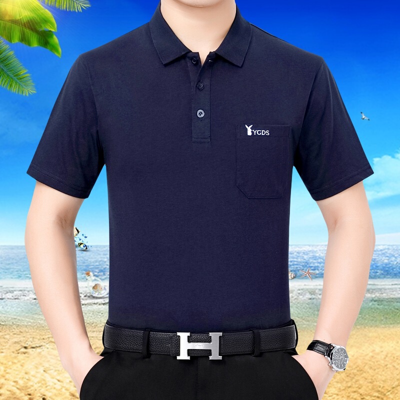 父純綿tシャツ男半袖中年男服折り襟真袋純色男中老人カジュアルtシャツ男|undefined