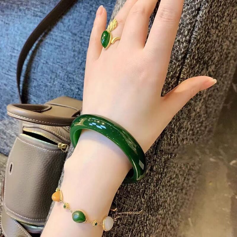 Authentic Hetian Jade Bracelet Women's Natural Genuine Real Jade Spinach Green Hetian Jasper Wangfu Bracelet
