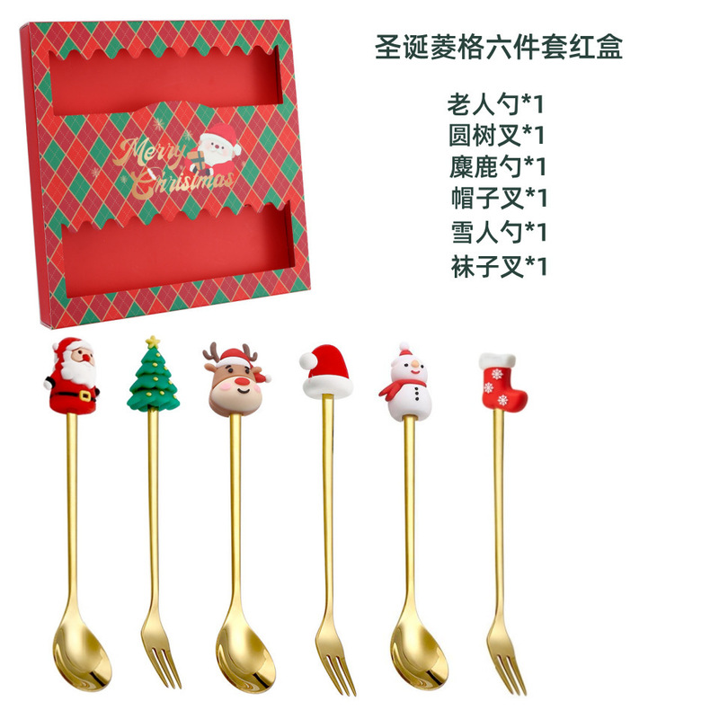 跨境圣诞餐具不锈钢勺叉套装创意雪人勺子叉子咖啡搅拌勺水果叉|undefined