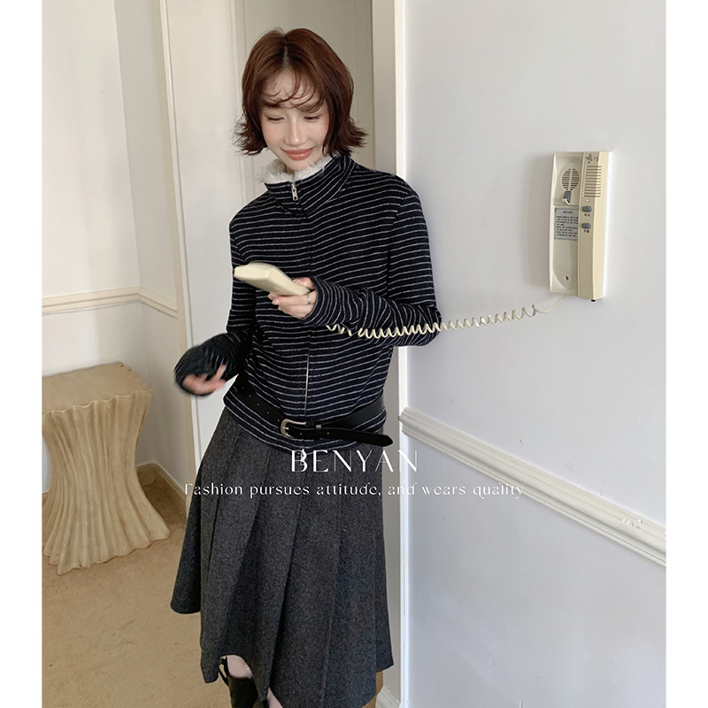 BENYAN 冬法式复古条纹毛领拼接修身立领长袖保暖羊毛外套女82589