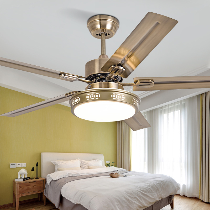 American Stainless Steel Dining Room Hanging Fan Light Bronze Iron Leaf Living Room Bedroom Fan Chandelier LED Large Wind Fan Light
