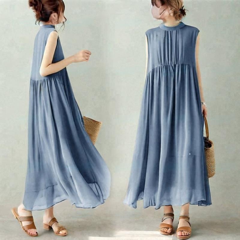 Cross-Border Hot Selling Dress Japanese Style 2025 Summer New Stand Collar Sleeveless Chiffon A-Line Dress