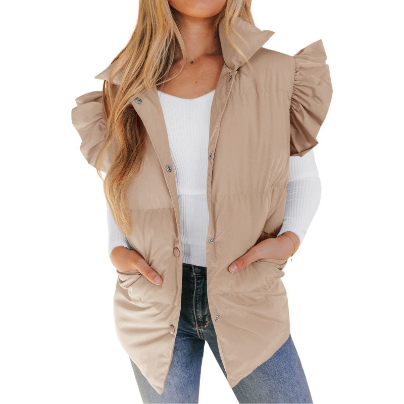 Transfronterizos de otoño e invierno de Europa y América Nueva suelta ropa acolchada de algodón de bolsillo suelto mangas de vuelo elegante Chaleco de pie collar de moda de un solo pecho