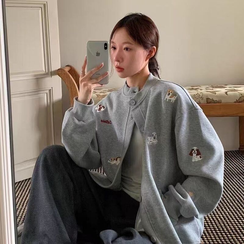 Heavy Weight Retro Style Cartoon Puppy Embroidered Cardigan Sweatshirt for Men and Women Autum Lazy Style Loose Baseball Jacket