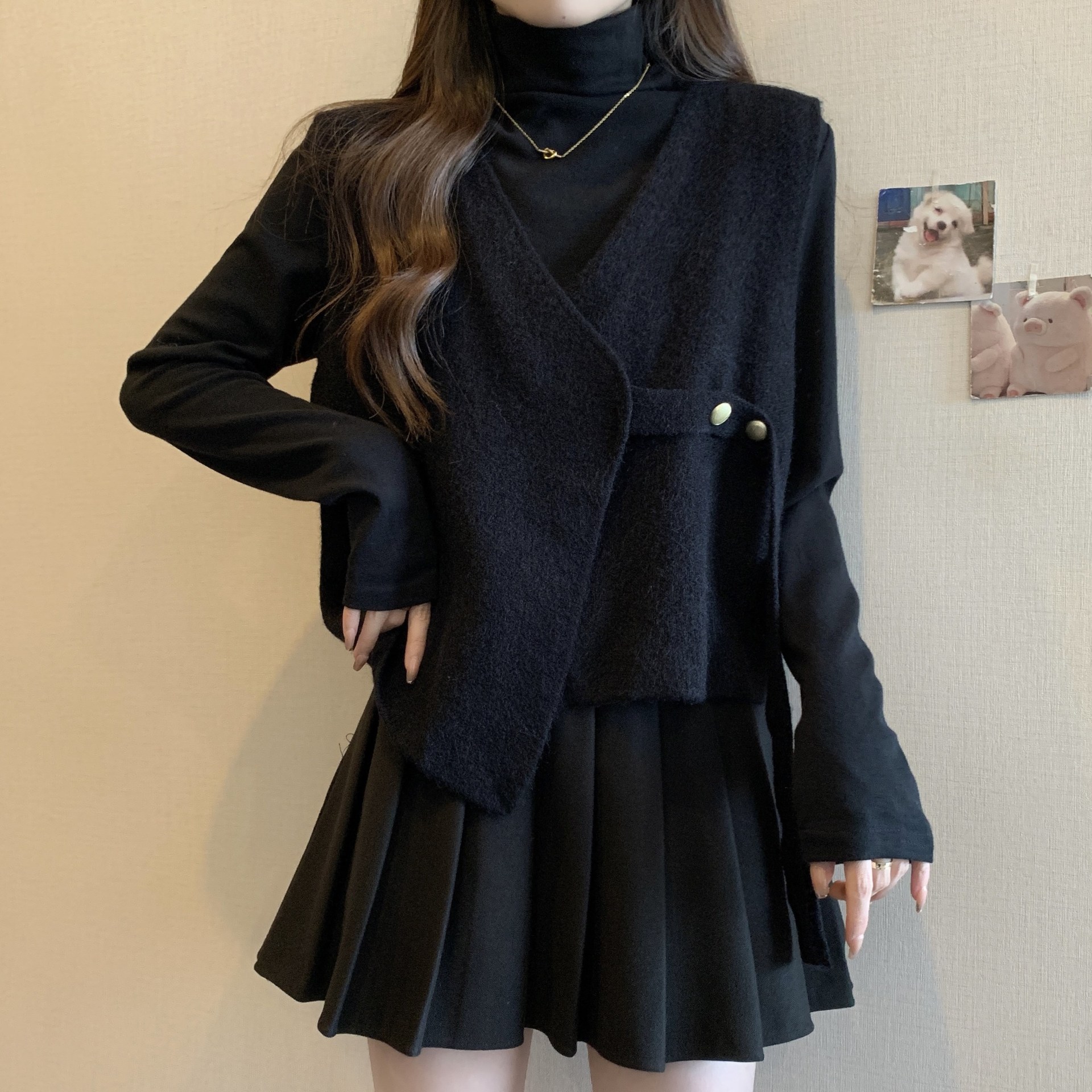 大码遮肚子风毛呢马甲两件套女秋冬胖妹妹显瘦内搭T恤打底衫