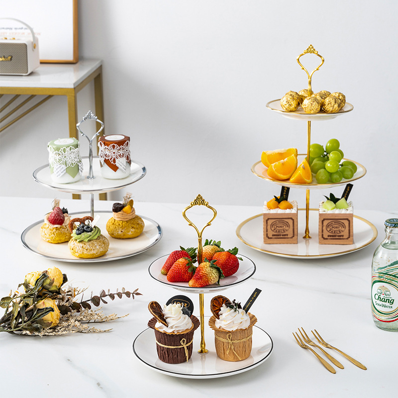 Phnom Penh Ceramic Three-layer Plate Fruit Plate Cake Rack Front Candy Plate Afternoon Tea Bowl Birthday Multi-layer Plate