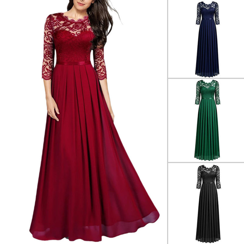 Amazon evening dress European station stitching chiffon dress round neck lace long dress evening dress women's clothing
