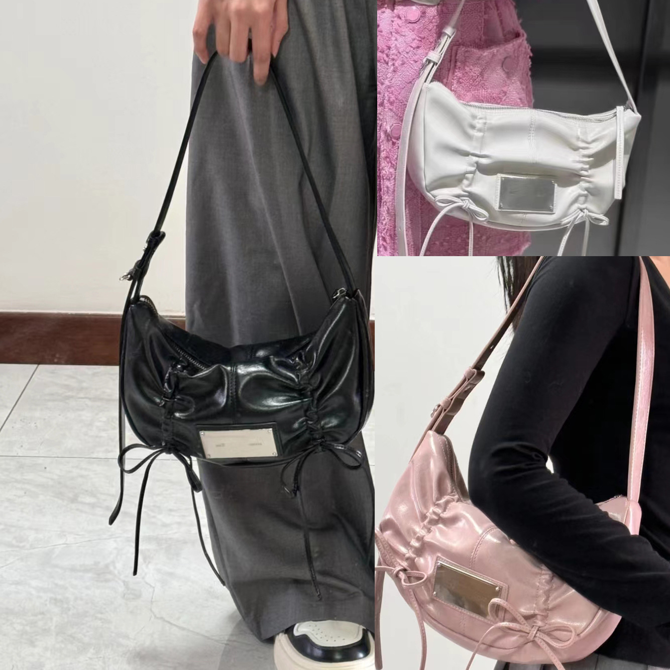 韩国小众品牌Mati抽褶系带单肩腋下包手提包机车包斜挎女包INS 爆