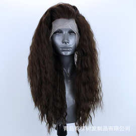 欧美 假发 手织哑光化纤前蕾丝假发头套逼真自然发际线棕色小卷发