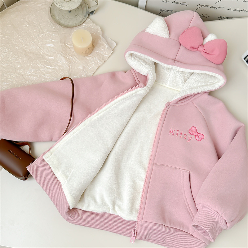 Xianning siete ropa para niños 24 invierno nuevo abrigo para niños niñas lindo ktcat bordado con capucha más chaqueta de suéter de terciopelo
