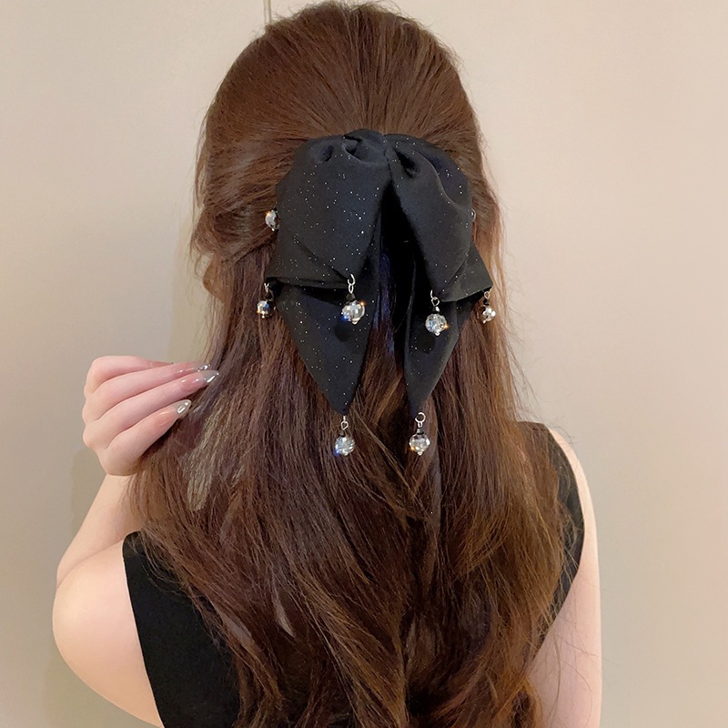 Satín de alta sensación, arco negro grande, clip de tiburón, toque de cabeza, clip de nube, clip de agarre, clip de cabello, tarjeta de cabello de mujer