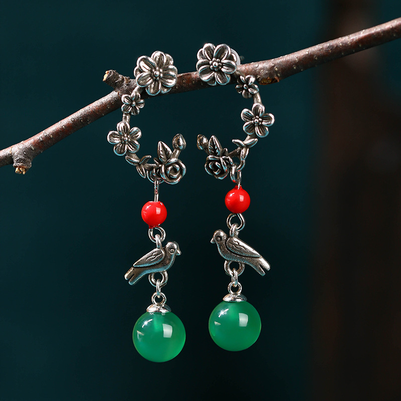 Chinese style A small minority design Retro Do the old technology Set natural Chrysoprase Very happy Earrings One piece On behalf of