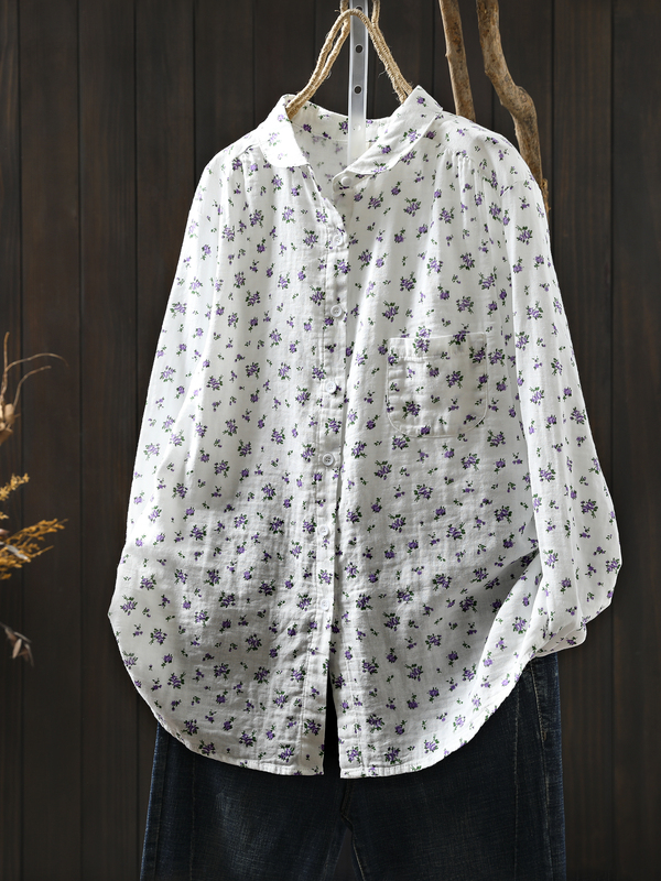 2025 Autumn Japanese Style Double-Layer Cotton Yarn Floral Shirt Women's Retro Easiest for Match Loose Slim Long Sleeve Top