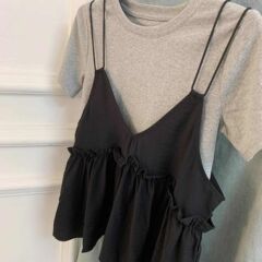 アメリカンスタイル グレー ツーピース サスペンダー 半袖 Tシャツ レディース 夏 フロントショルダー 小柄 高級 シングル トップス