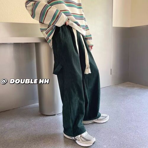 Spring corduroy pants for men: relaxed-fit, straight-leg, trendy Instagram-inspired casual trousers with a flowing, versatile design—perfect for both streetwear and sporty looks.