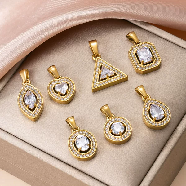 Cross-Border Geometric Full Diamond Stainless Steel Pendant European and American Fashion Light Luxury DIY Jewelry Accessories Zircon Pendant Wholesale for Women