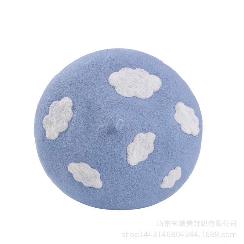 2024 Autumn/Winter New Collection Women's and Children's Beret Wool Felt Hat Blue Sky and White Cloud Design Parent-Child Style