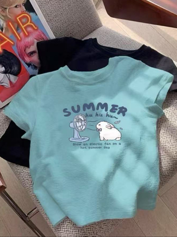 2025 夏の新漫画かわいいウサギのプリントデザイン半袖 Tシャツカジュアル多用途半袖トップ女性のための|undefined
