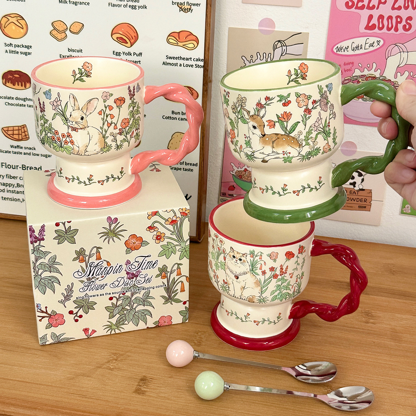 Tazas de cerámica con cucharas lindas copas de regalo de cumpleaños tazas de agua para niñas tazas de café de pareja de alto valor