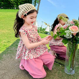 女童夏季套装2025新款女宝宝薄款无袖碎花两件套儿童网红夏装涤纶