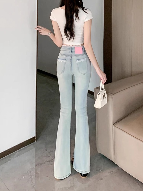提臀紧身蕾丝拼接浅色女式微喇牛仔裤女夏高腰显瘦微喇裤子女款|undefined