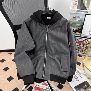 High-End Black Textured Zipper Hooded Fake Two-Piece Leather Jacket Men's Street Loose Versatile Jacket Leather Jacket
