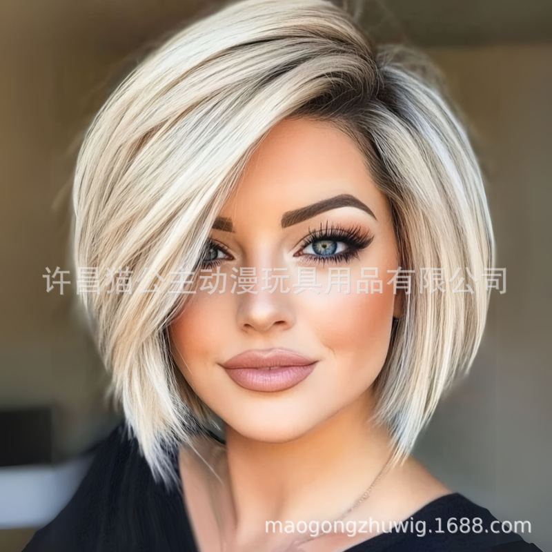 ヨーロッパとアメリカの女性のショートストレートヘアファッションゴールデンウィッグ染色高温シルクローズインナーネット女性用ヘッドギアメーカー在庫あり|undefined