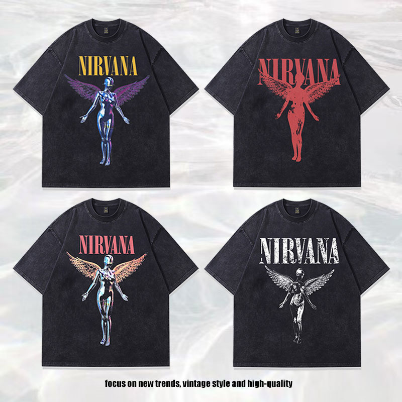 Tkpa American Retro Nirvana Band Rock Nirvana Direct Spray Printed Washed Vintage Short-Sleeved T-Shirt for Men Tkpa American Retro Nirvana Band Rock Nirvana Direct Spray Printed Washed Vintage Short-Sleeved T-Shirt for Men