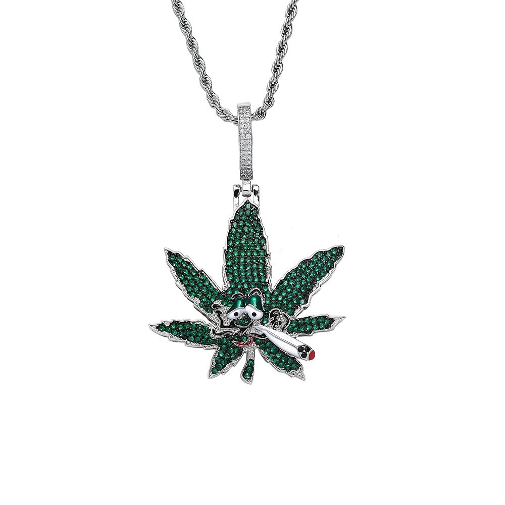 Zirconia Maple Leaf Pendant Necklace Full Diamond Cuban Chain_voghion.com
