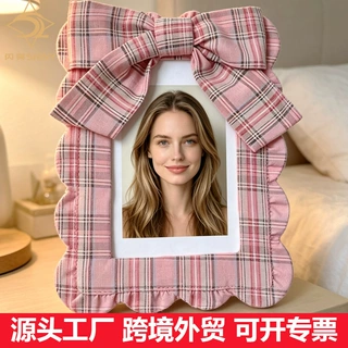 跨境粉色格纹蝴蝶结相框布艺相框摆台6寸ins风卧室桌面装饰画框厂