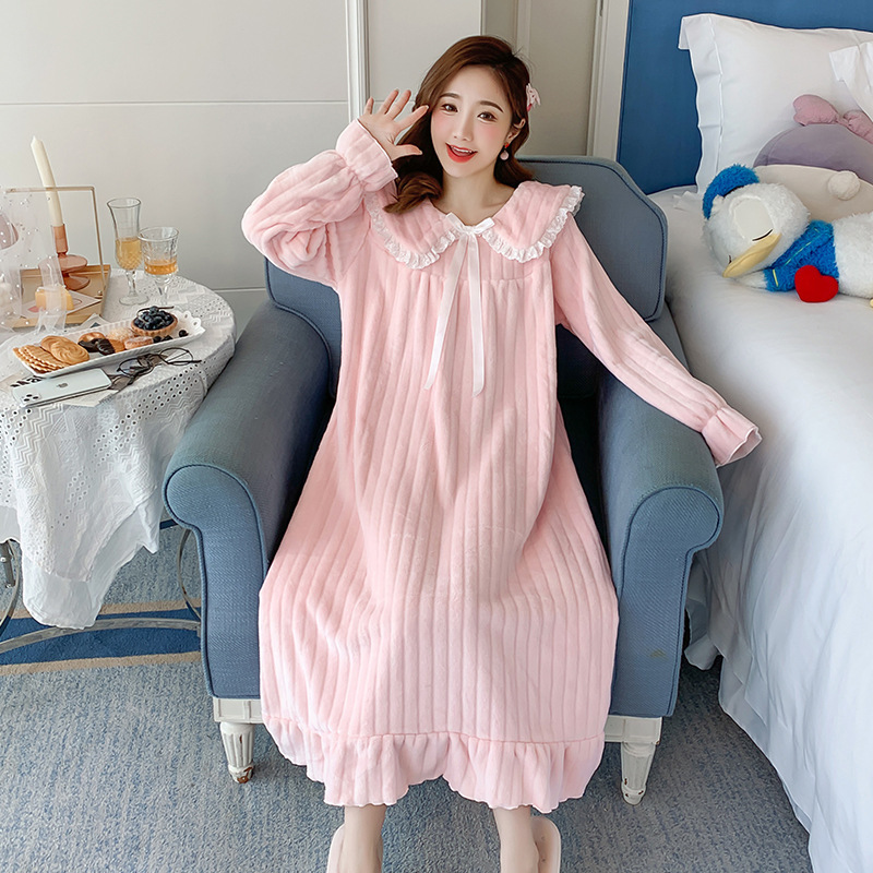 Invierno nuevo color puro camisón de franela las mujeres cálido coral fleece corte princesa vestido las