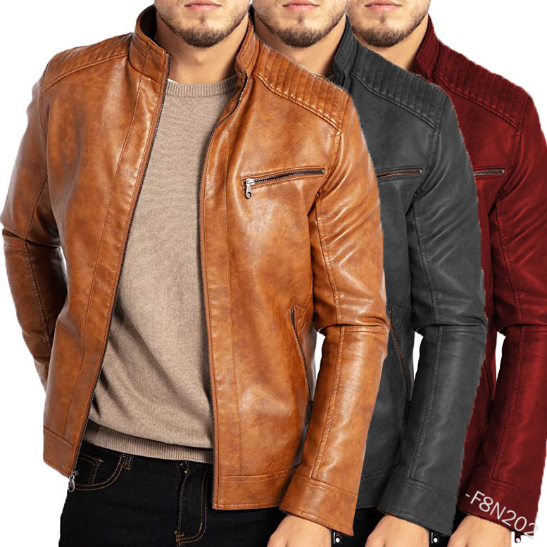 2025 Foreign Trade European and American Men's Pu Leather Jackets for Men and Teenagers Stand-Up Collar Punk Men's Motorcycle Leather Jackets Wholesale