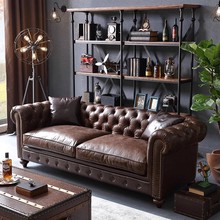 美式复古三人沙发小户型客厅油蜡皮拉扣双人沙发实木真皮棕色家具