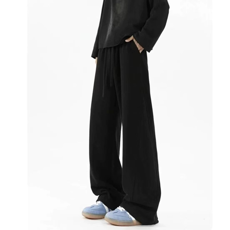Men's black, flowing, wide-leg casual pants, American-style loose, straight-leg long pants, cleanfit athletic sweatpants, curved-leg pants