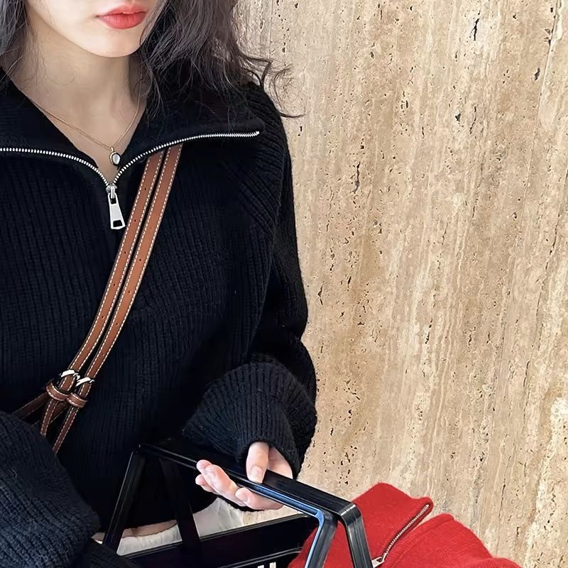 半拉链立领红色毛衣女秋冬2025新款韩版宽松慵懒风针织衫翻领上衣|undefined