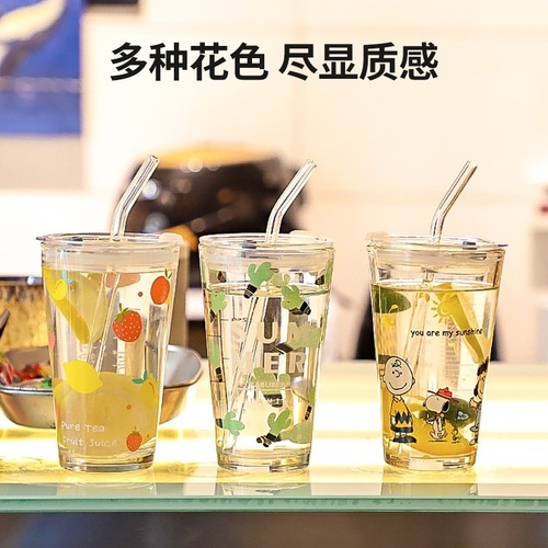 Wholesale Manufacturer Cartoon Glass Cups with Straws Beverage Cups Creative Cute Office Ruler Milk Cups Creative Fruit
