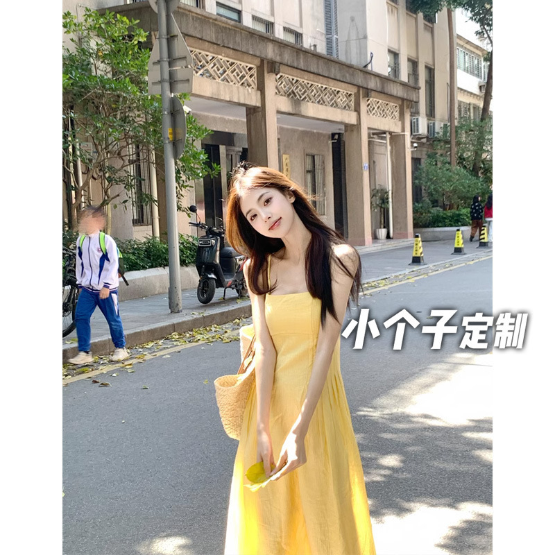 150 Short Gentle French Style Sling dress Women's Slim-fit Waist A- line Mid-length Seaside Holiday Dress