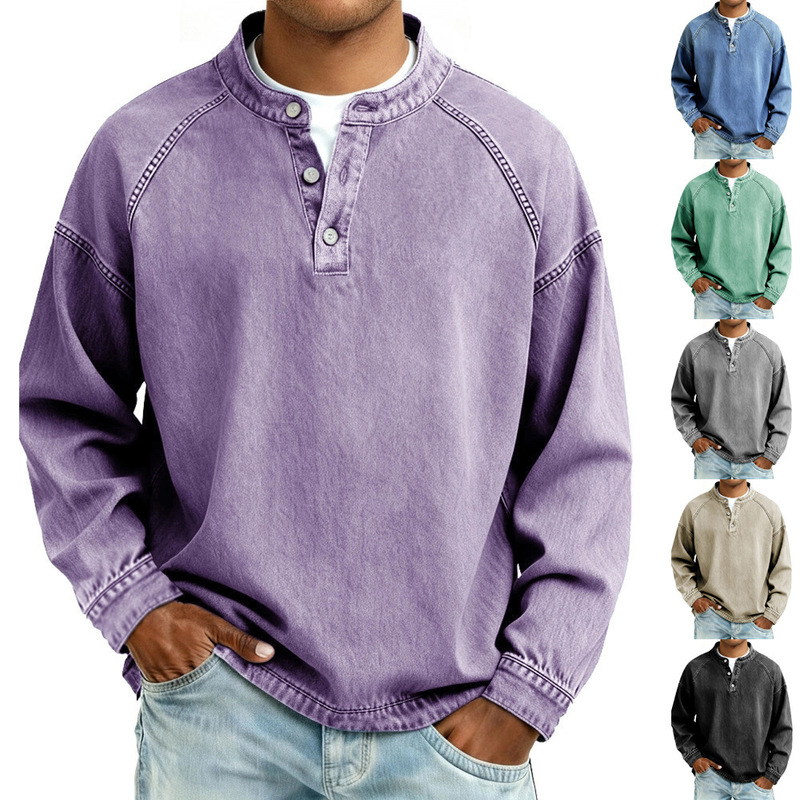 European and American Cross-Border 2026 Amazon Independent Site Hot-Selling Men's Shirt, Solid Color Casual Top, Vintage Long-Sleeve Shirt