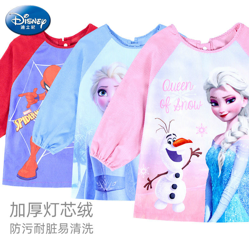 Disney children corduroy Burqa baby apron Having dinner Bibs thickening Long sleeve Autumn and winter kindergarten Dressing