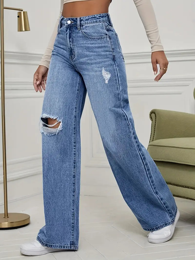 Wide Leg Straight Leg High Waist Floor Pants With Ripped Jeans_ecoleips.com